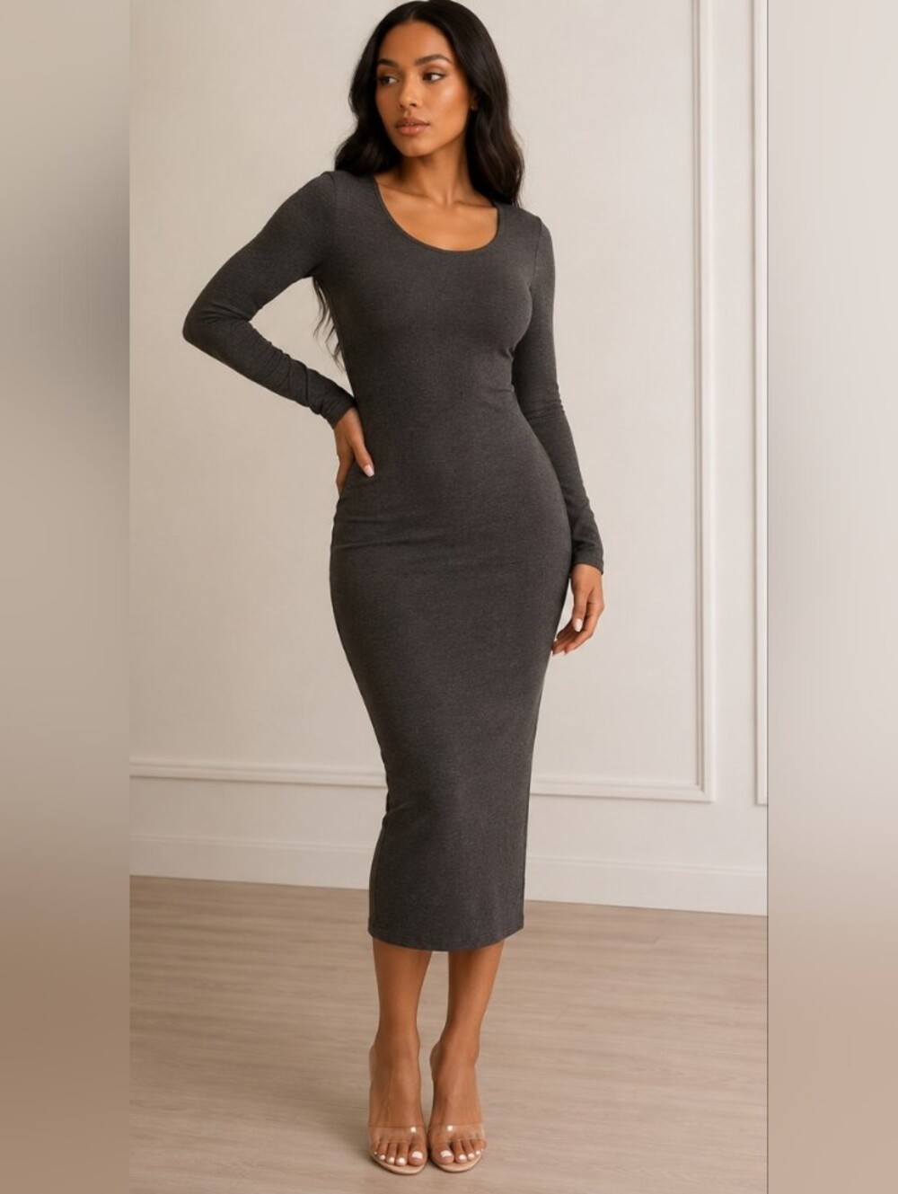 ASOS Charcoal Scoop Neck Long Sleeve Midi Dress